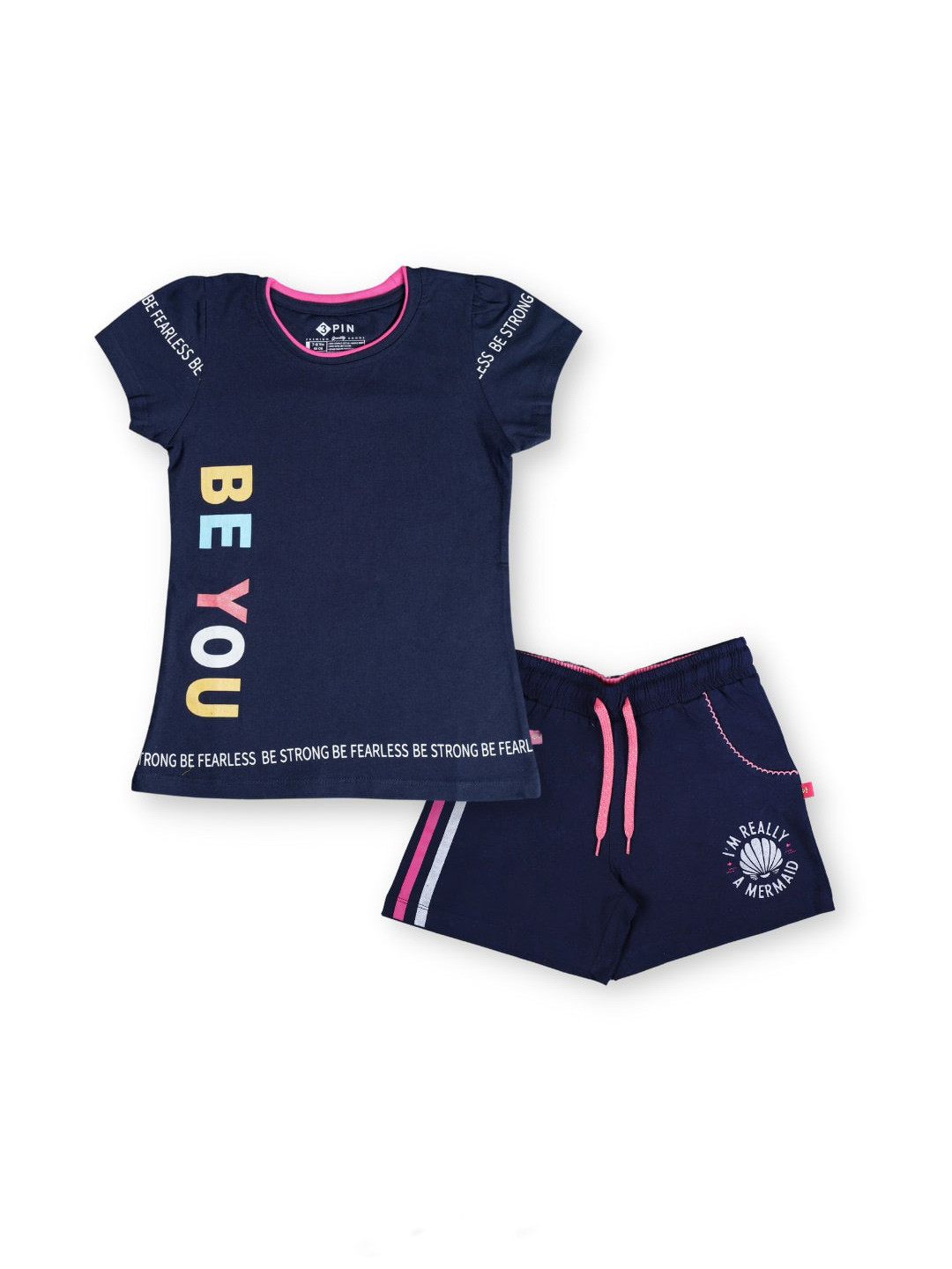 

3PIN Girls Pure Cotton Printed T-Shirt With Shorts, Navy blue
