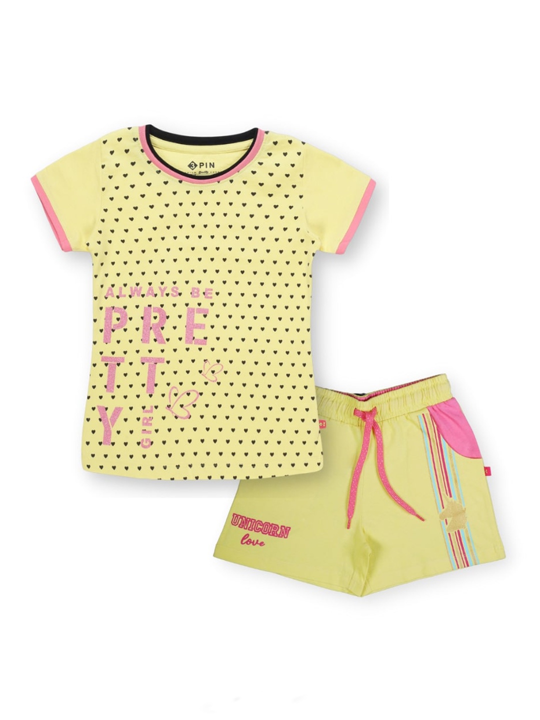 

3PIN Girls Pure Cotton Printed T-Shirt With Shorts, Yellow
