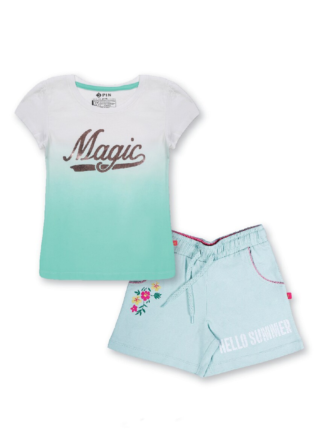 

3PIN Girls Pure Cotton Printed T-Shirt With Shorts, White