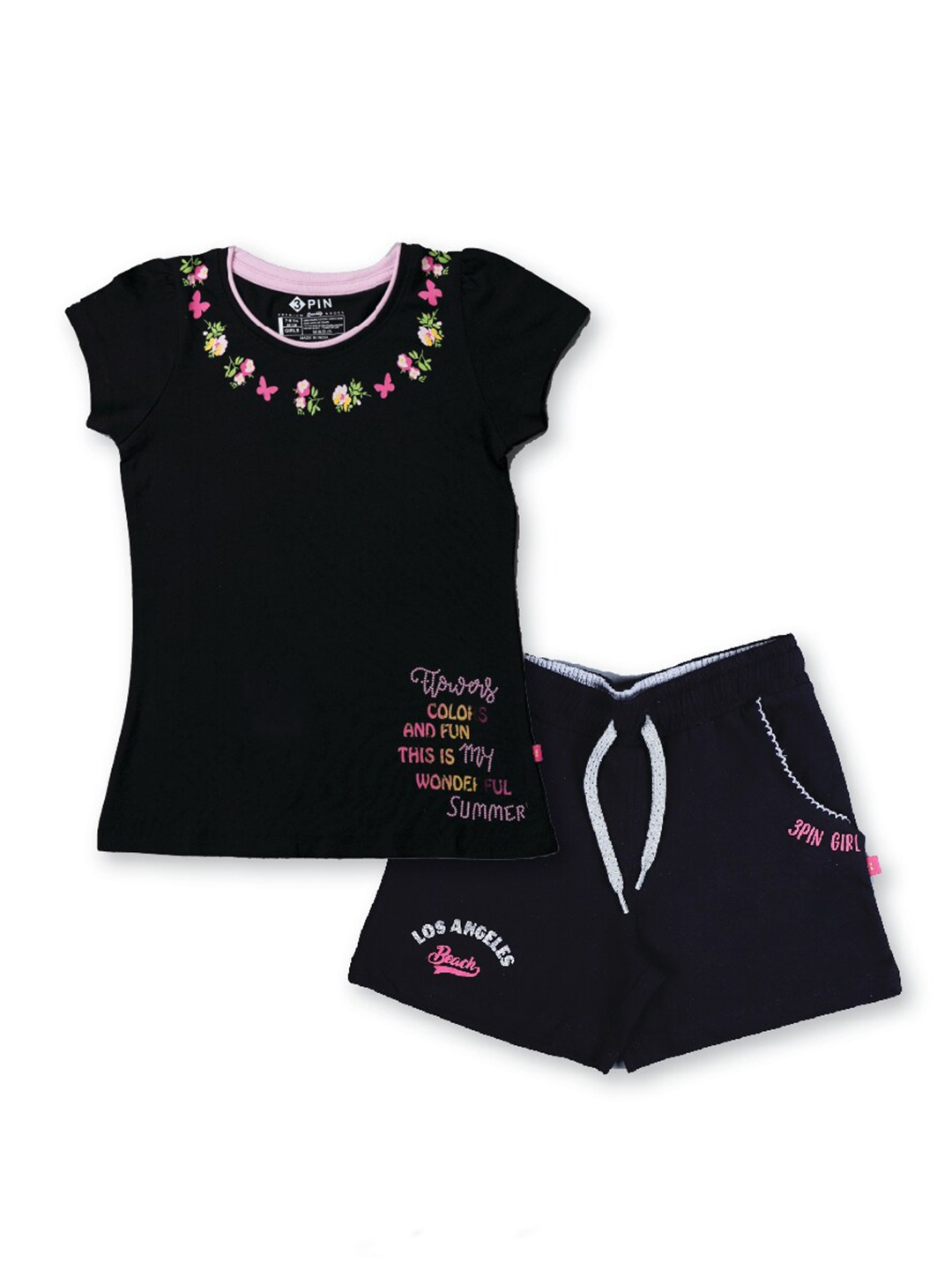 

3PIN Girls Printed Pure Cotton T-shirt With Shorts Set, Black