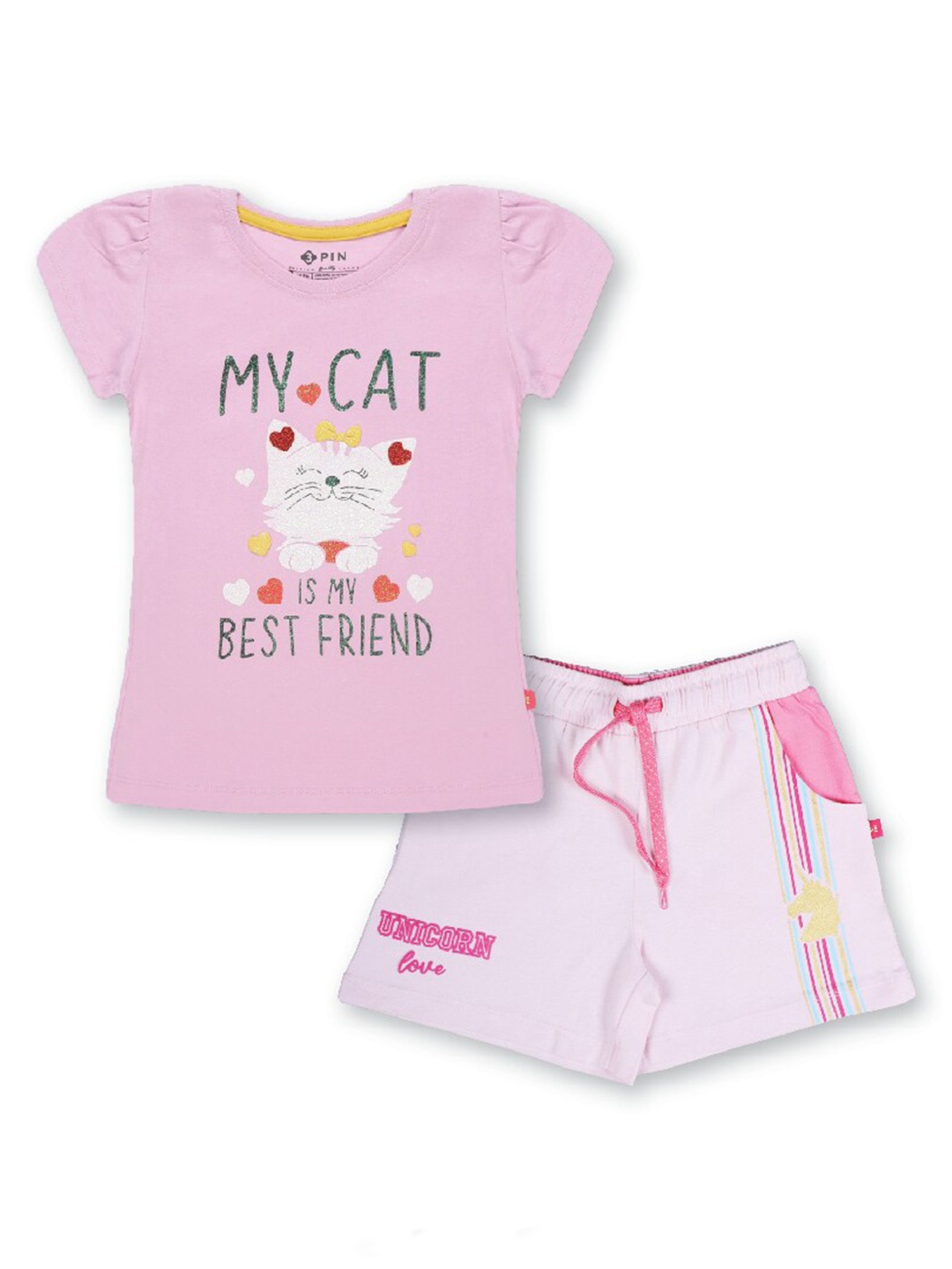 

3PIN Girls Printed Pure Cotton T-shirt With Shorts Set, Pink