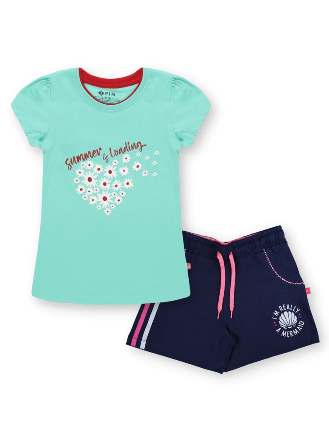 

3PIN Girls ]] Printed Pure Cotton T-shirt With Shorts Set, Navy blue