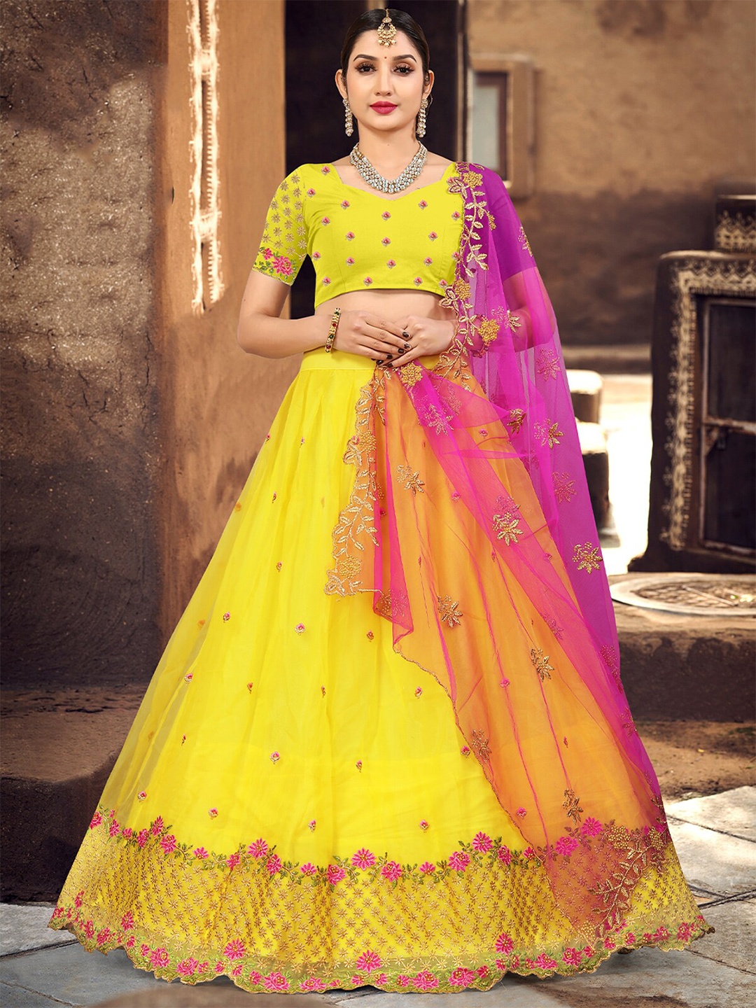 

ODETTE Embroidered Thread Work Semi-Stitched Lehenga & Unstitched Blouse With Dupatta, Yellow