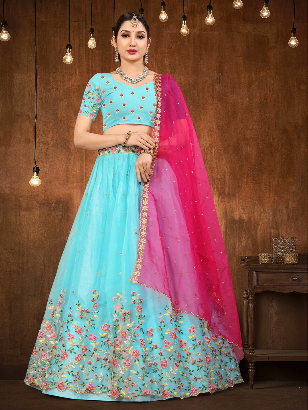 

ODETTE Embroidered Thread Work Semi-Stitched Lehenga & Unstitched Blouse With Dupatta, Blue
