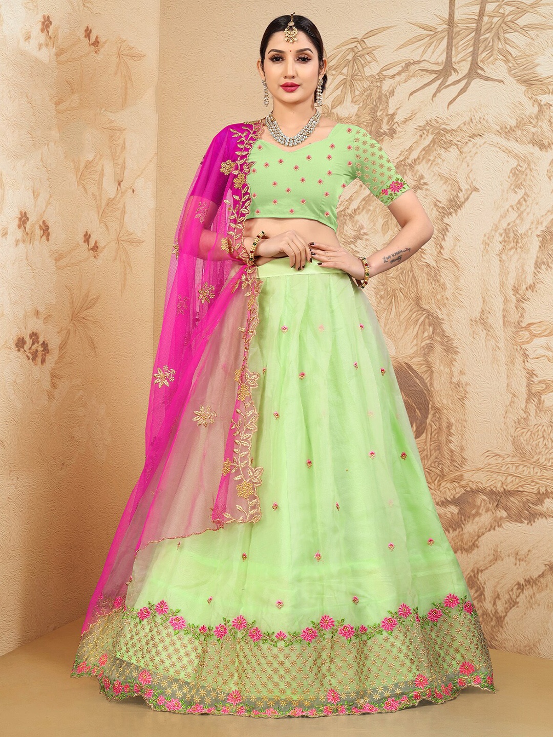 

ODETTE Embroidered Thread Work Semi-Stitched Lehenga & Unstitched Blouse With Dupatta, Green