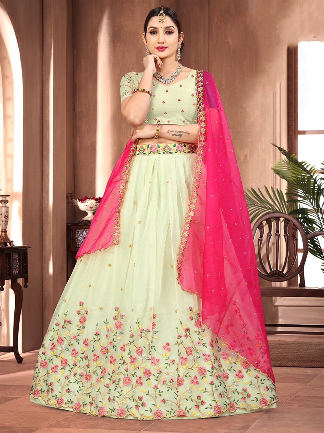 

ODETTE Lime Embroidered Thread Work Semi-Stitched Lehenga & Unstitched Blouse With Dupatta, Lime green
