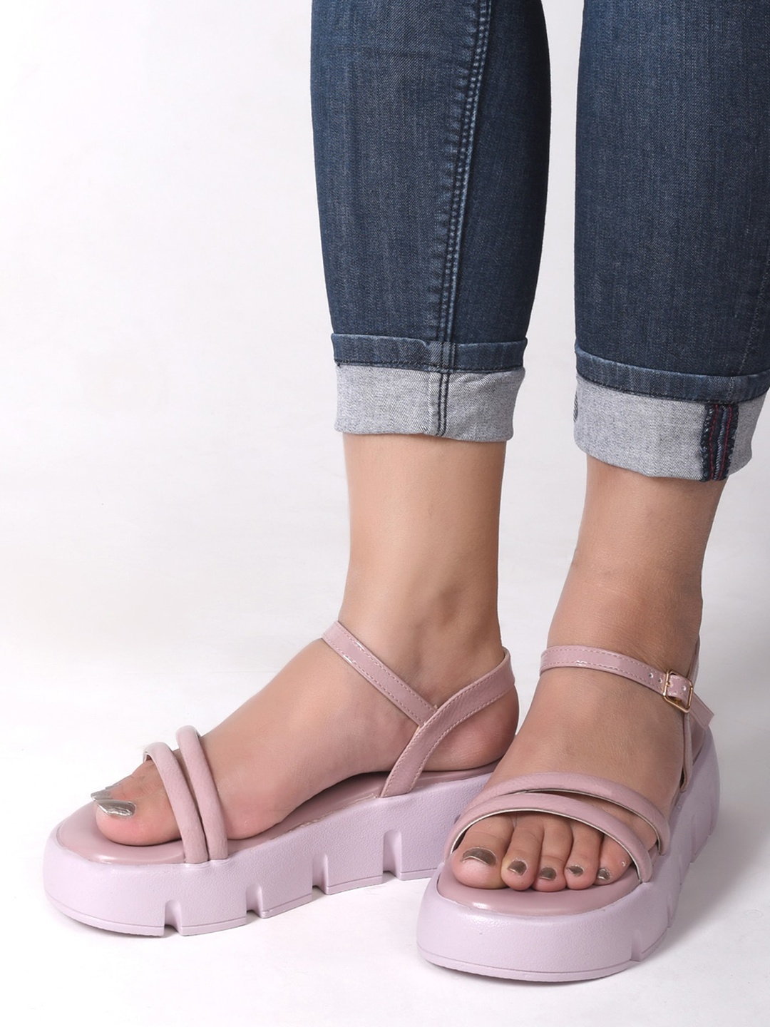 

SHUZ TOUCH Open Toe Platform Heels with Buckles, Pink