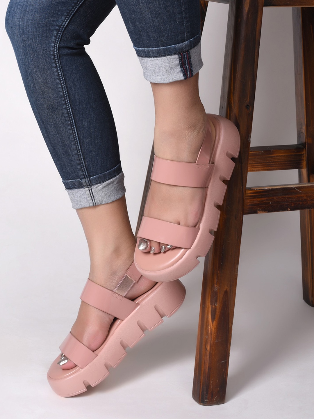 

SHUZ TOUCH Open Toe Flatform Heels With Backstrap, Nude