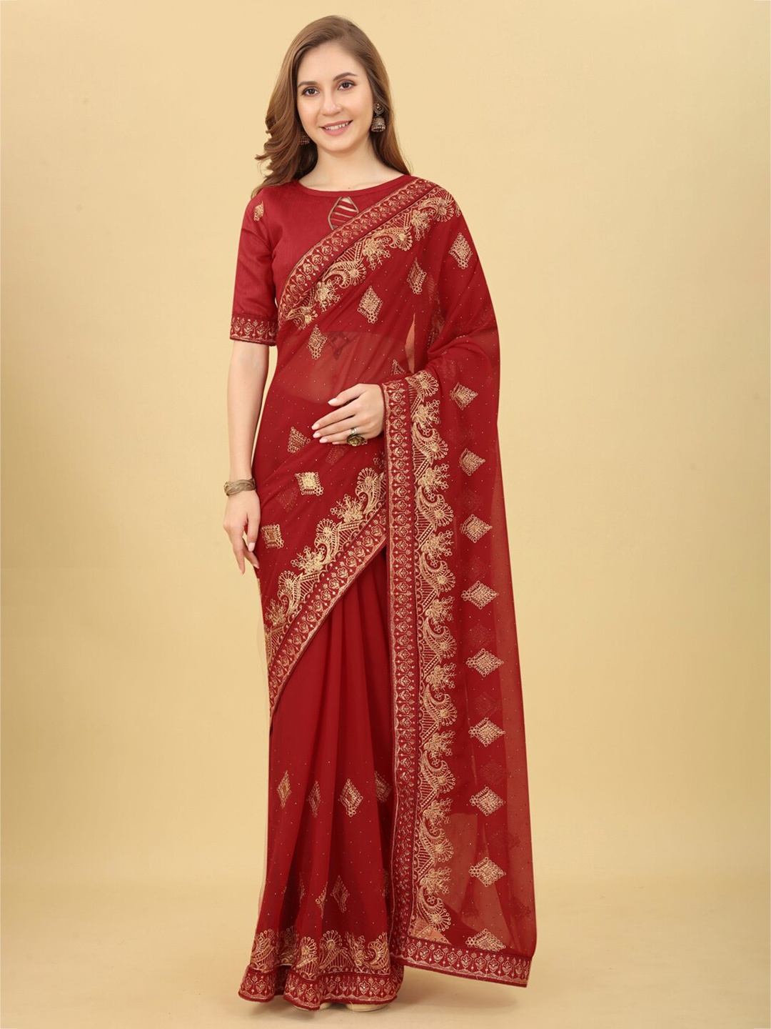 

VILLAGIUS Ethnic Motifs Embroidered Pure Georgette Saree, Maroon
