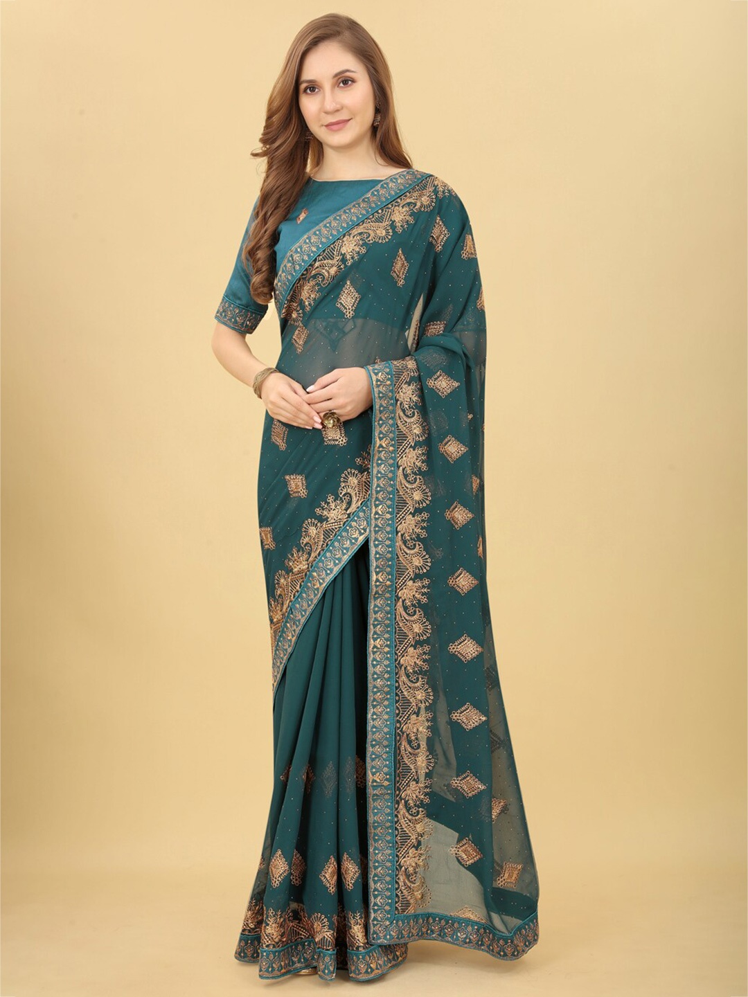 

VILLAGIUS Ethnic Motifs Embroidered Pure Georgette Saree, Turquoise blue