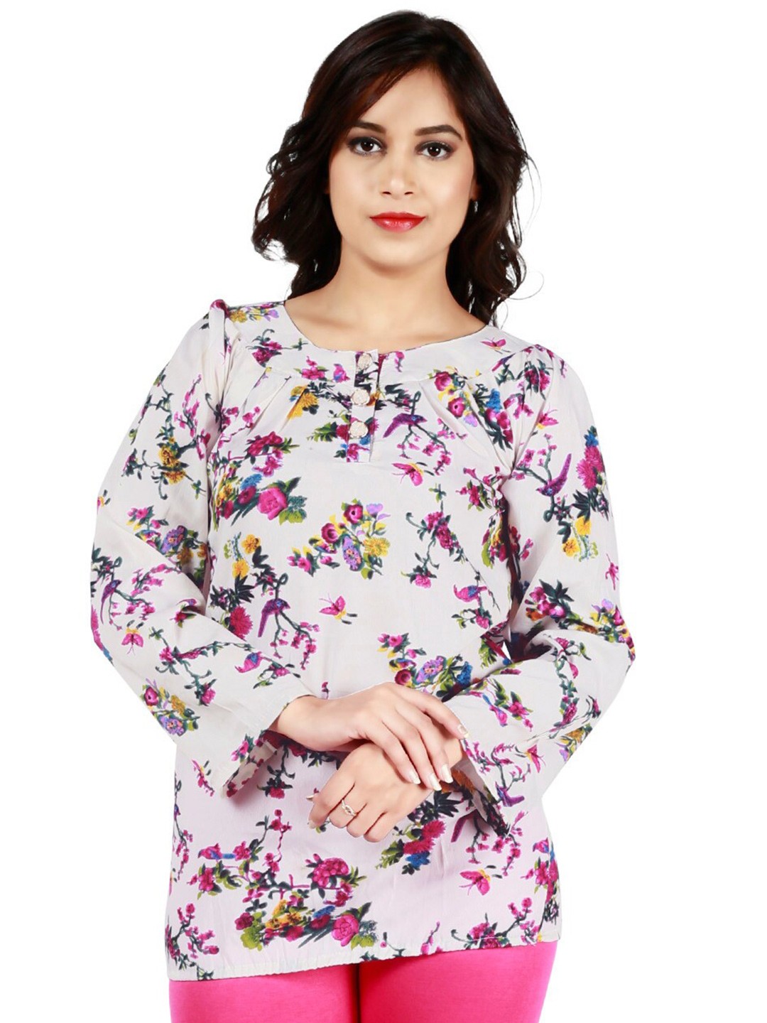 

Fashionable Floral Printed Round Neck Georgette Top, White
