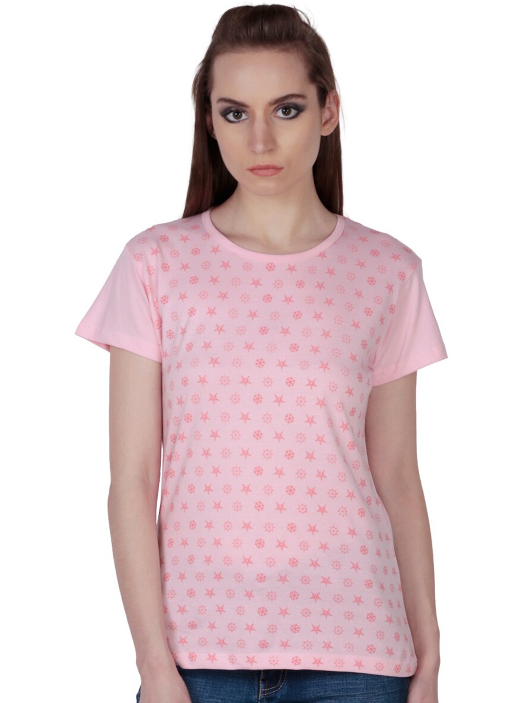 

Fashionable Conversational Printed Round Neck Cotton T-shirt, Pink