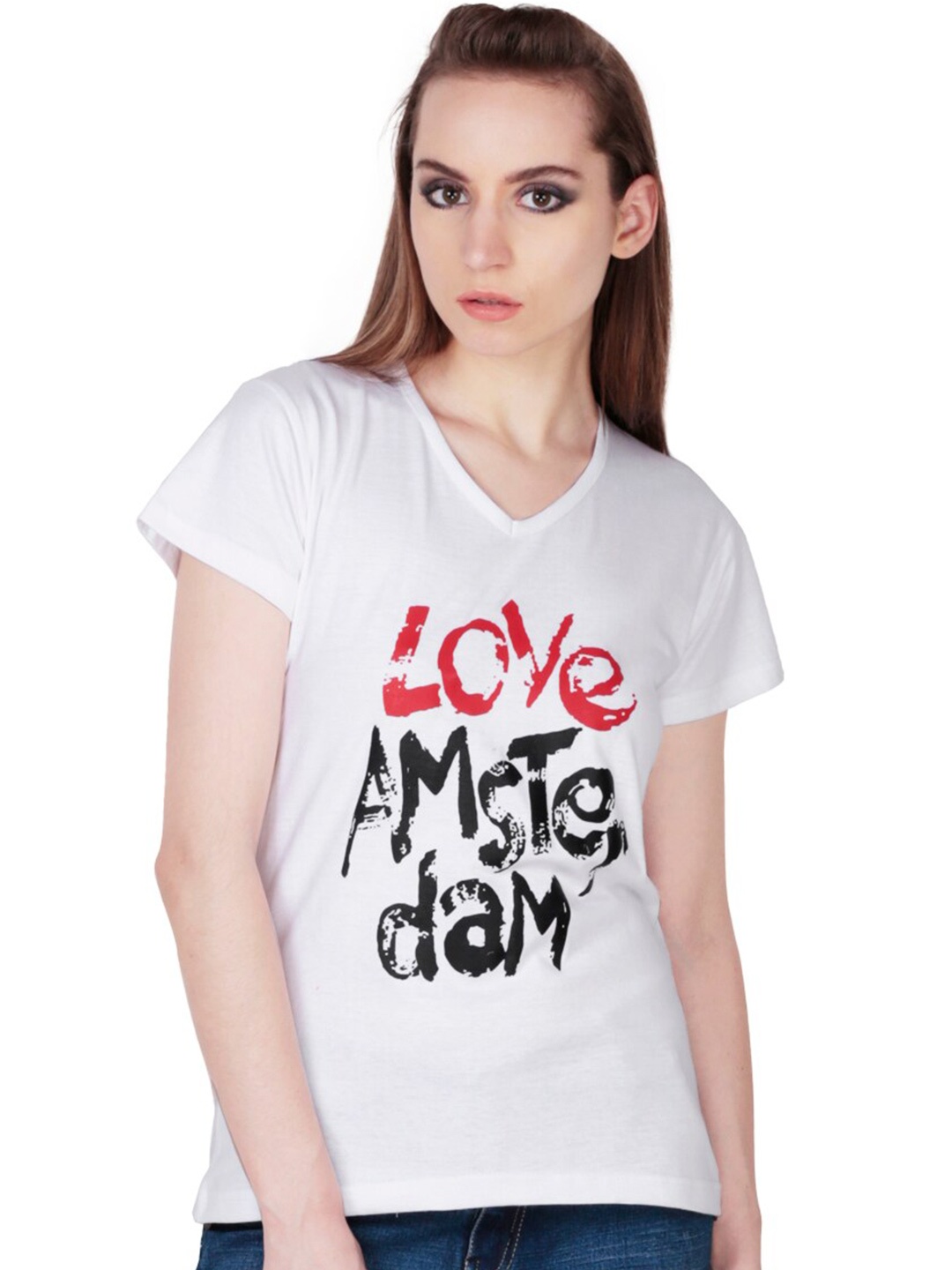 

Fashionable Typography Printed V-Neck Cotton T-Shirt, White