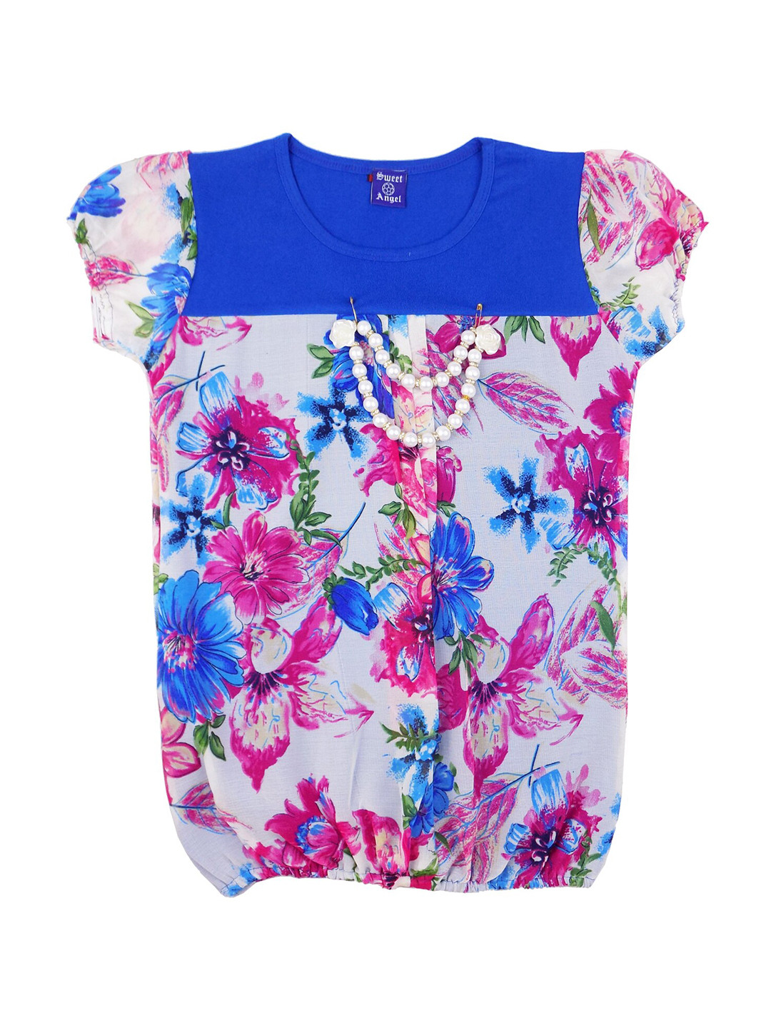 

Fashionable Floral Printed Puff Sleeves Pleated Top, Blue