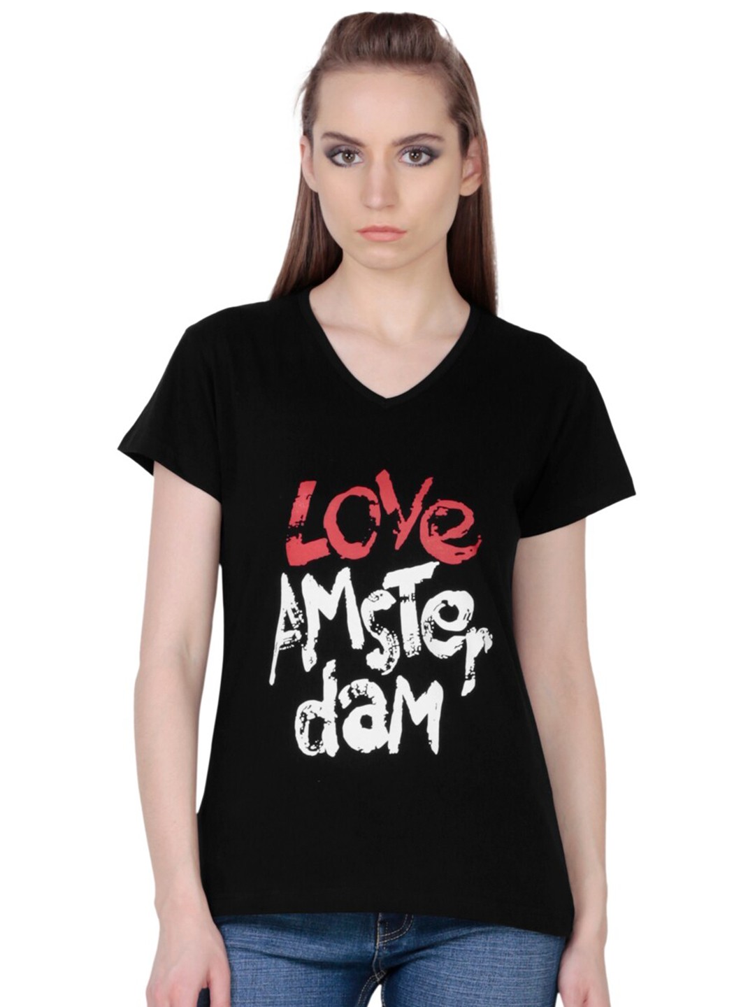 

Fashionable Typography Printed V-Neck Cotton Top, Black