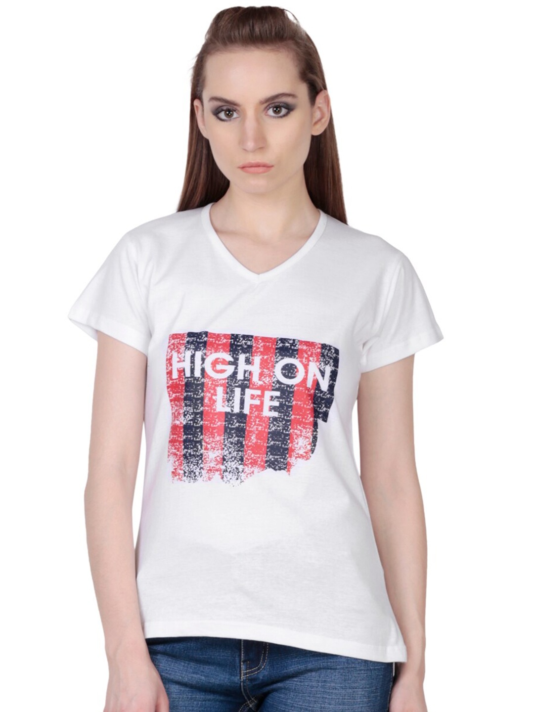 

Fashionable Typography Printed V-Neck Cotton Top, White