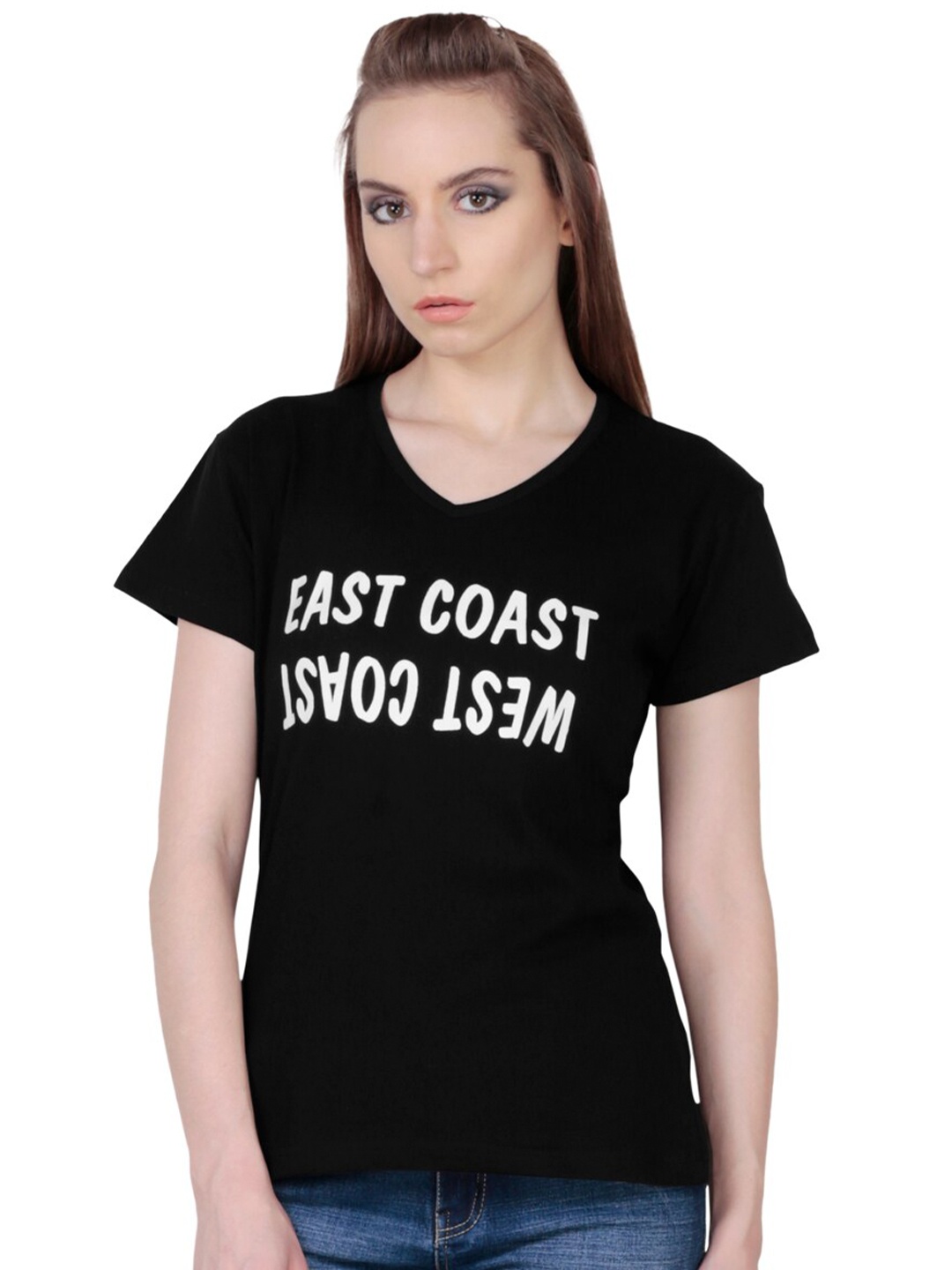 

Fashionable Typography Printed V-Neck Lace Insert Cotton Top, Black