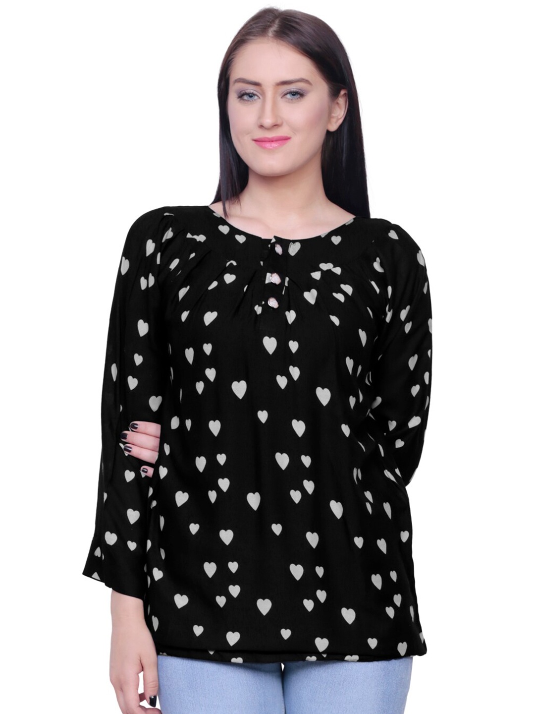 

Fashionable Conversational Printed Long Sleeves Cotton Top, Black