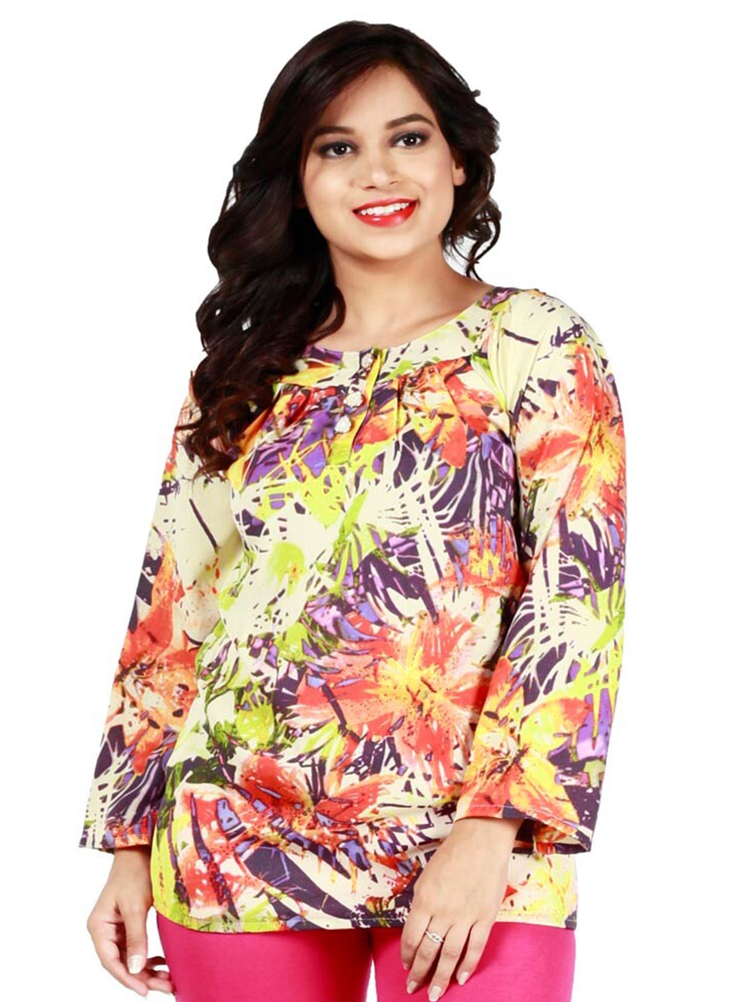 

Fashionable Floral Printed Flared Sleeves Georgette Top, Yellow