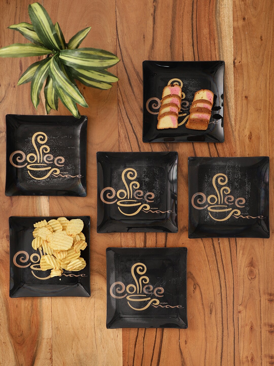 

ceradeco Black & Beige 6 Pieces Printed Glass Glossy Plates