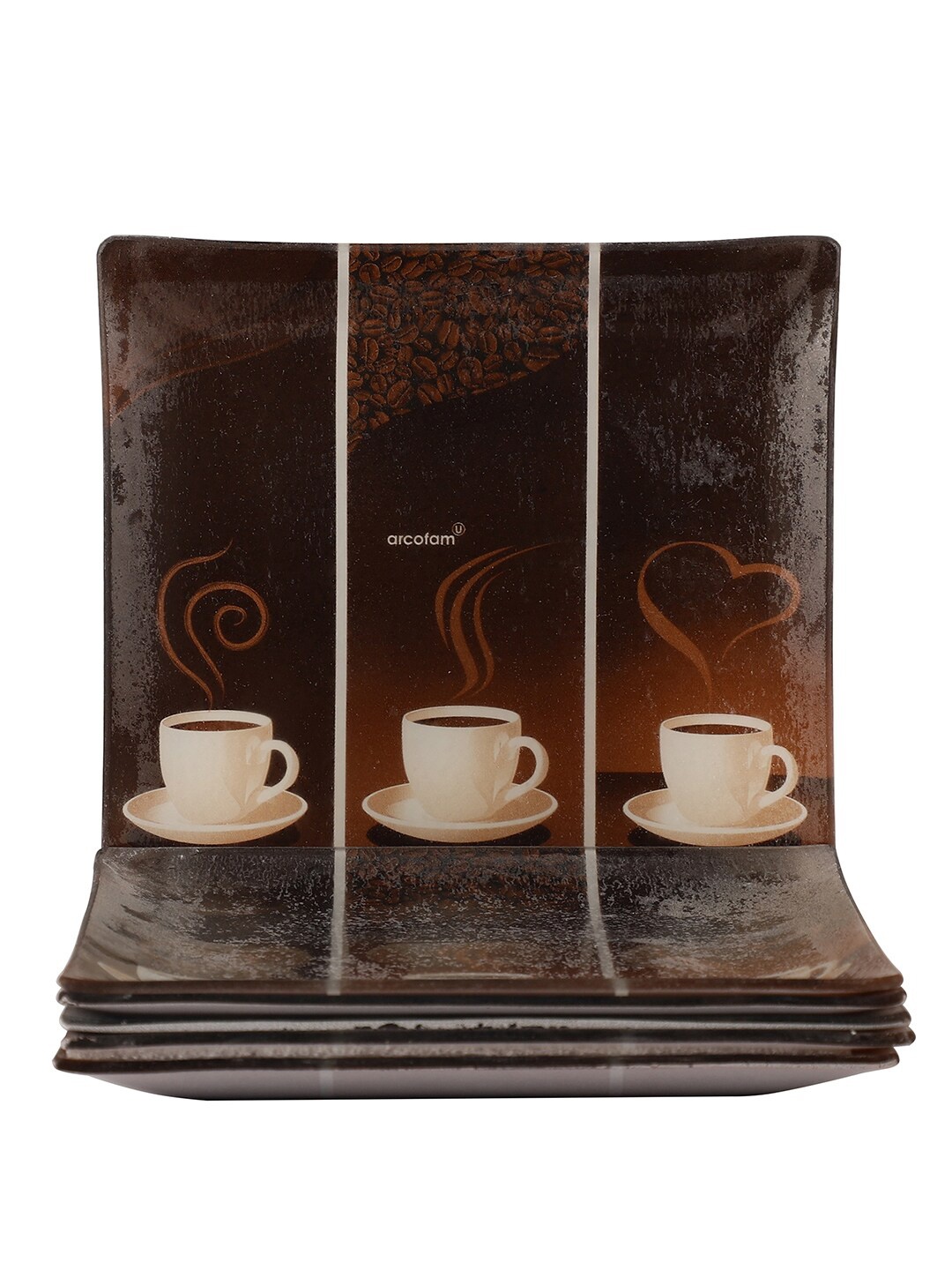 

ceradeco Brown & Beige 6 Pieces Printed Glass Glossy Snack Serving Plates