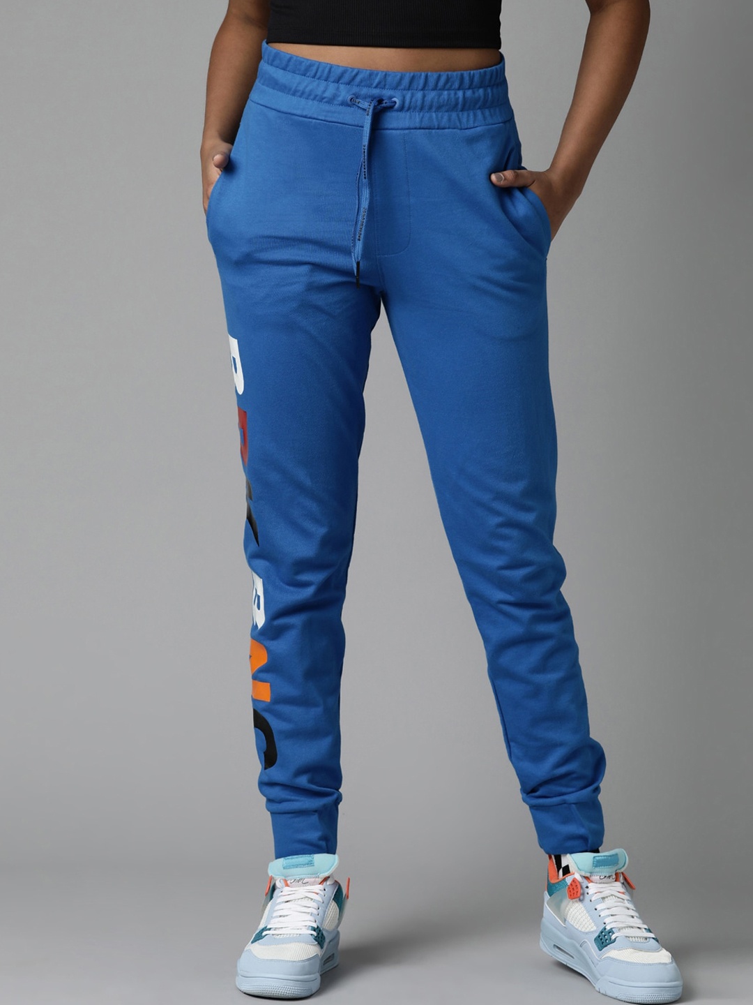 

Breakbounce Women Blue Relaxed Typography Printed Plain Cotton Straight Fit Joggers
