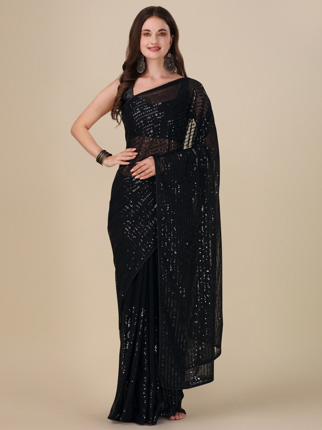 

VILLAGIUS Embellished Sequinned Pure Georgette Saree, Black