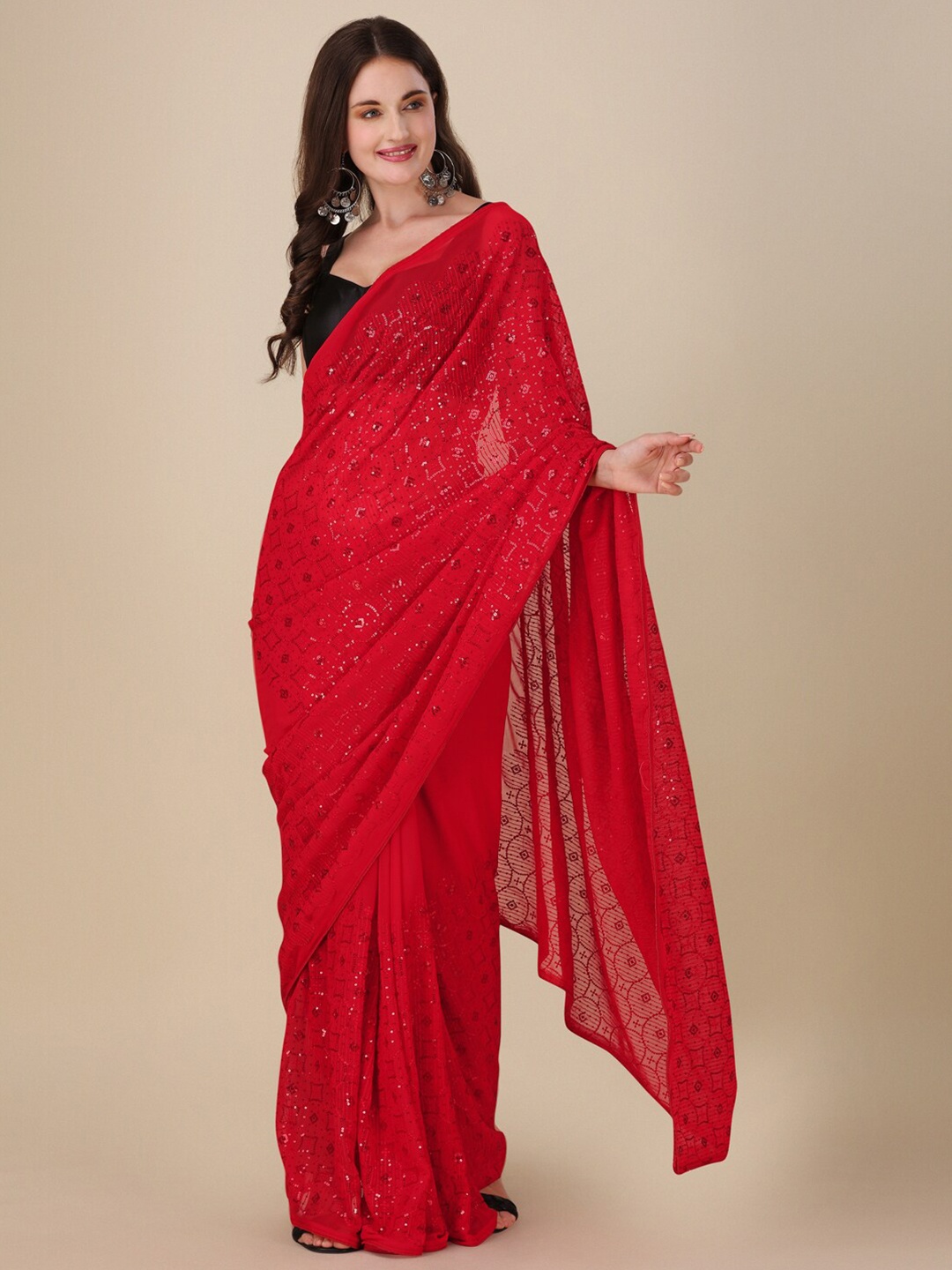 

VILLAGIUS Embellished Sequinned Pure Georgette Saree, Red