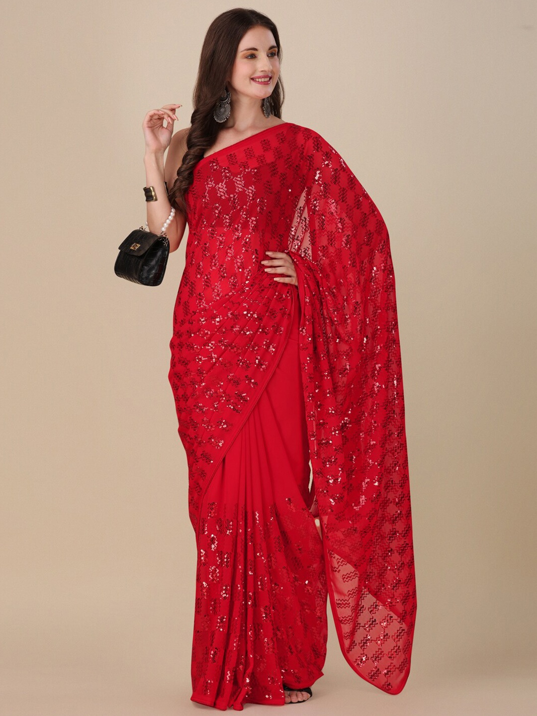 

VILLAGIUS Embellished Sequinned Pure Georgette Saree, Red