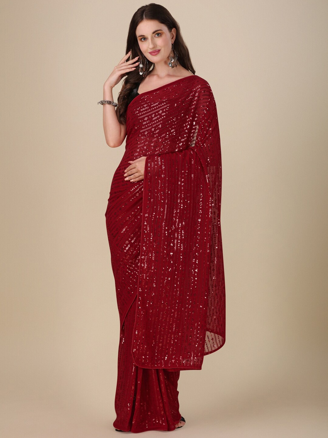 

VILLAGIUS Embellished Sequinned Pure Georgette Saree, Maroon