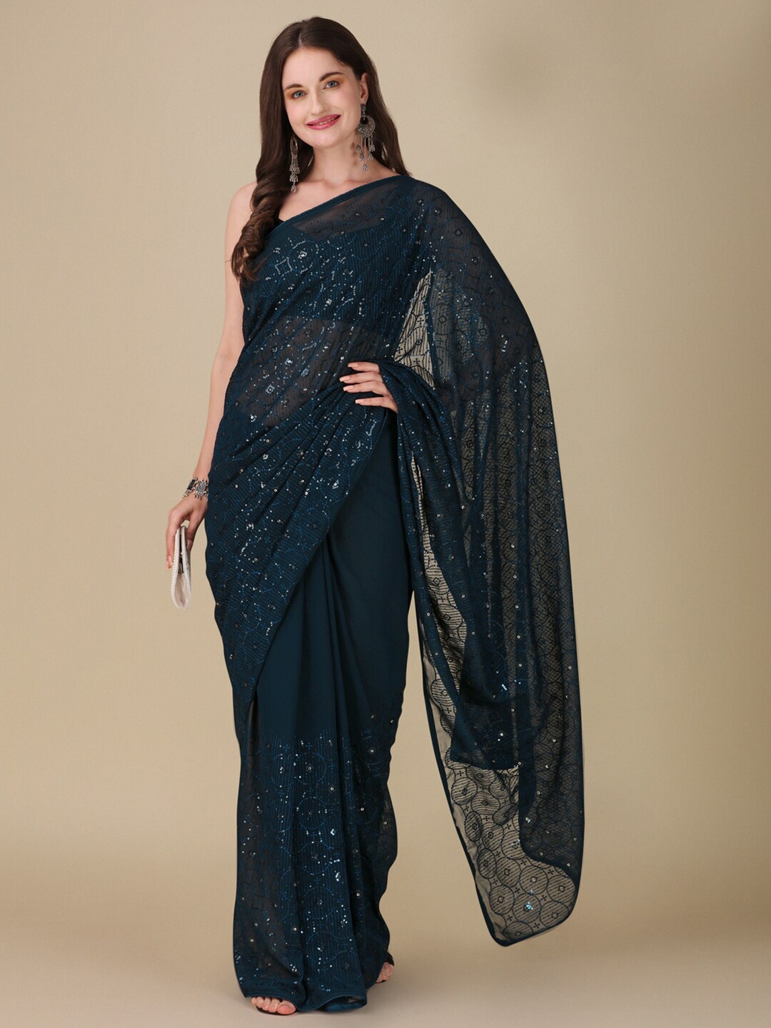 

VILLAGIUS Embellished Sequinned Pure Georgette Saree, Blue