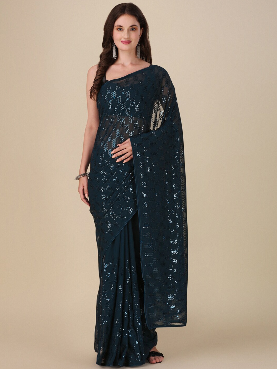 VILLAGIUS Sequinned Pure Georgette Saree, Blue