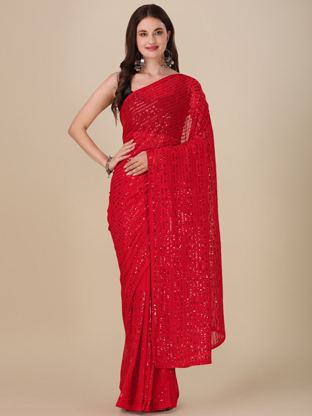 

VILLAGIUS Embellished Sequinned Pure Georgette Saree, Red