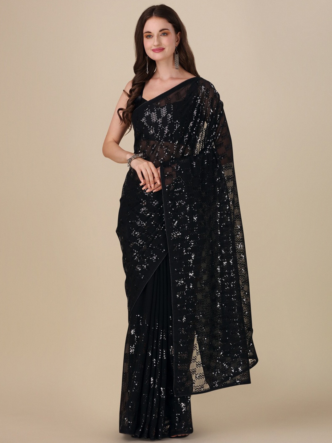 

VILLAGIUS Embellished Sequinned Pure Georgette Saree, Black