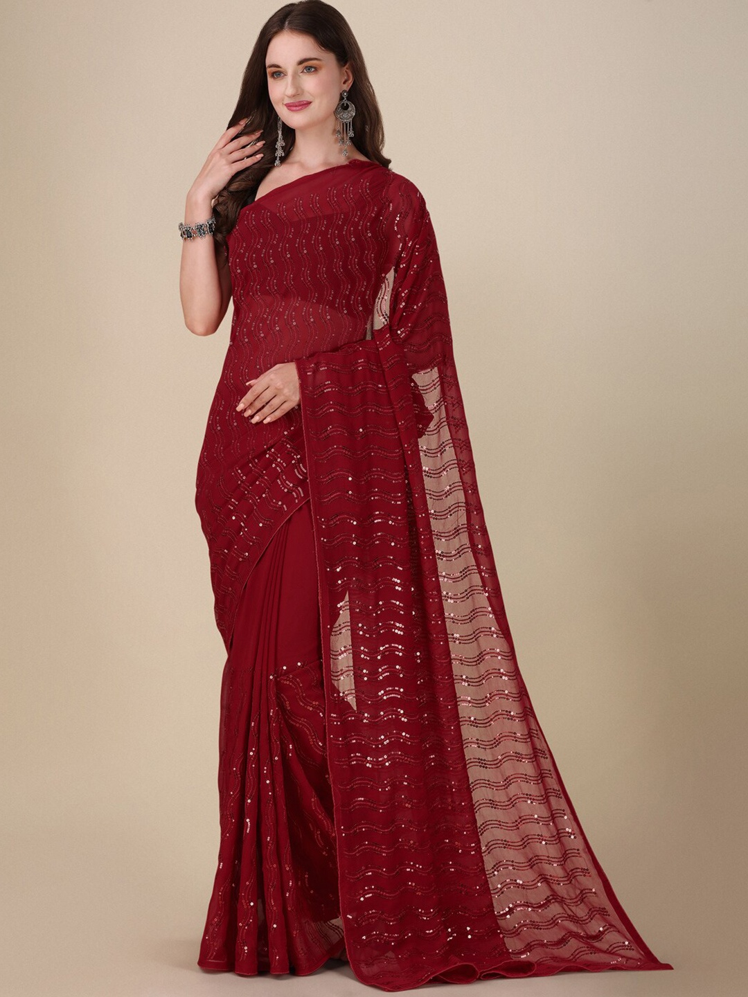 

VILLAGIUS Embellished Sequinned Pure Georgette Saree, Maroon