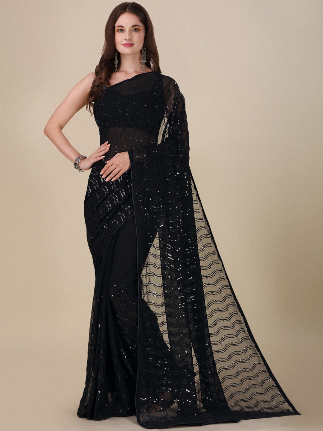 

VILLAGIUS Embellished Sequinned Pure Georgette Saree, Black