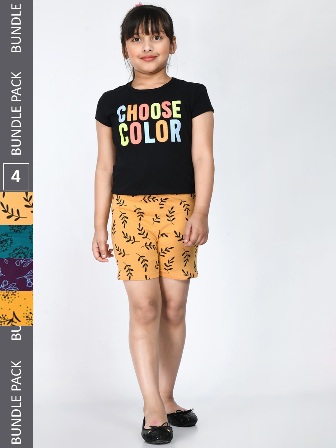 

IndiWeaves Girls Pack Of 4 Floral Printed Regular Pure Cotton Shorts, Yellow