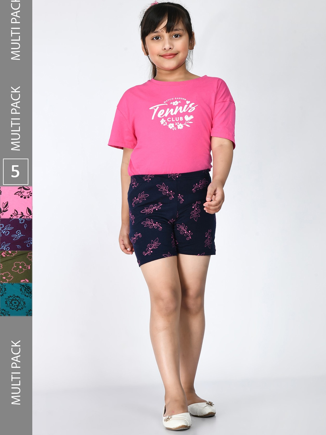 

IndiWeaves Girls Pack Of 4 Floral Printed Regular Pure Cotton Shorts, Pink
