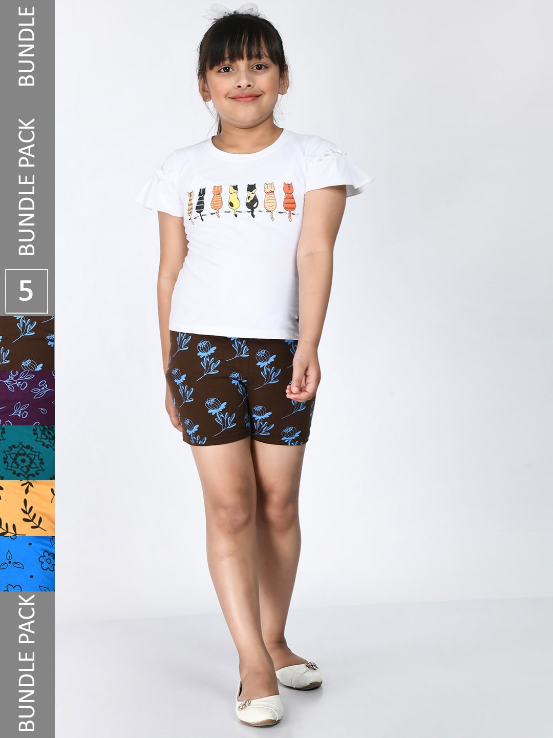

IndiWeaves Girls Pack Of 5 Floral Printed Regular Pure Cotton Shorts, Blue