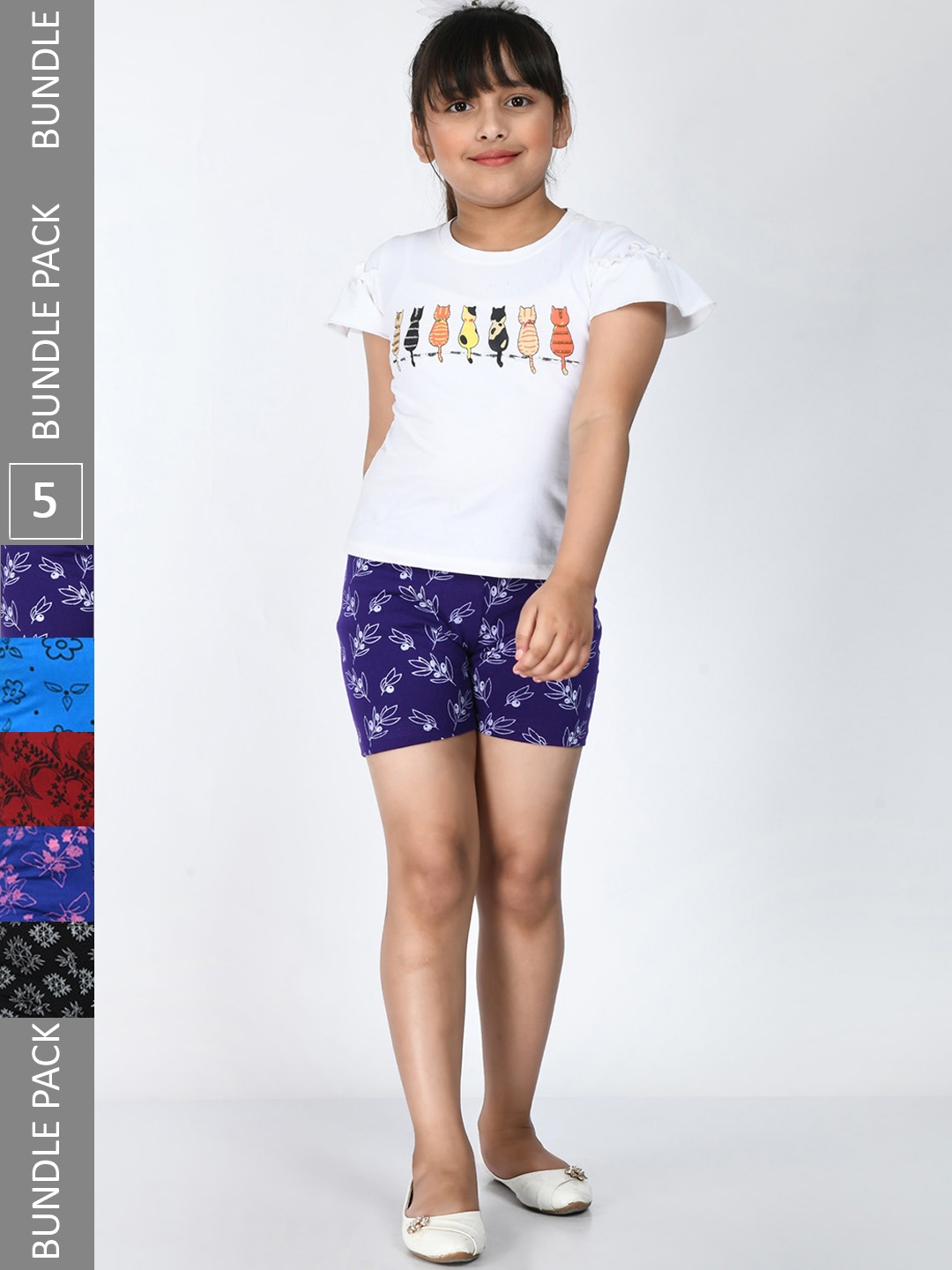 

IndiWeaves Girls Pack Of 5 Floral Printed Pure Cotton Shorts, Blue