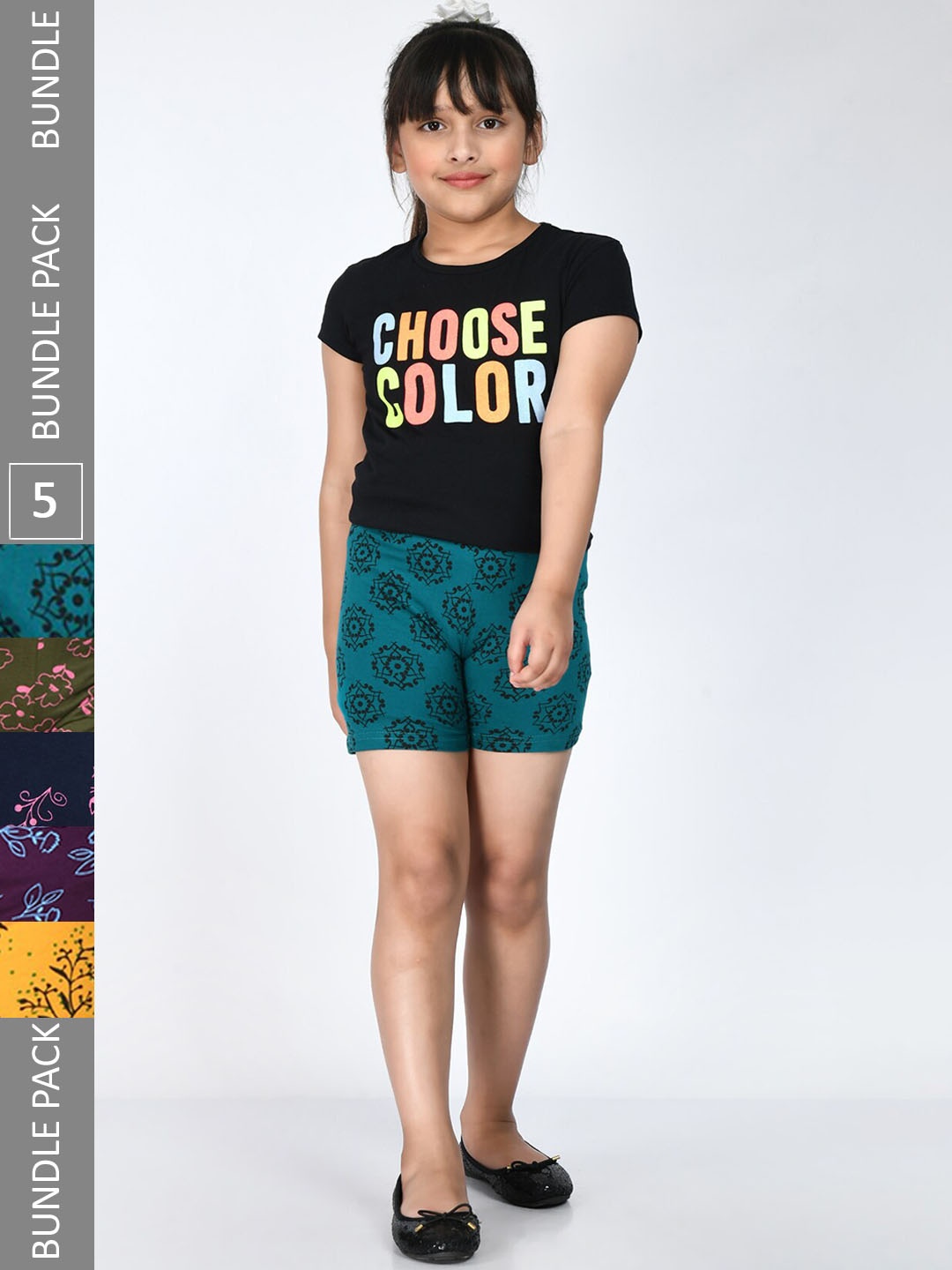 

IndiWeaves Girls Pack Of 5 Floral Printed Pure Cotton Shorts, Yellow