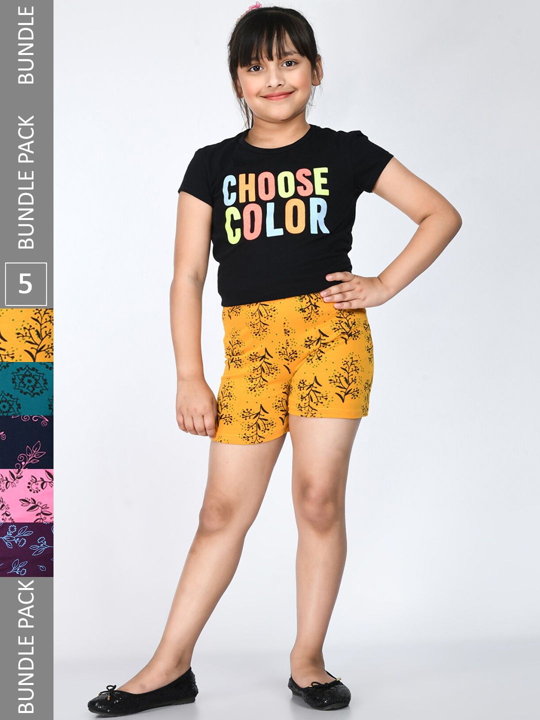 

IndiWeaves Girls Pack Of 5 Floral Printed Pure Cotton Shorts, Yellow