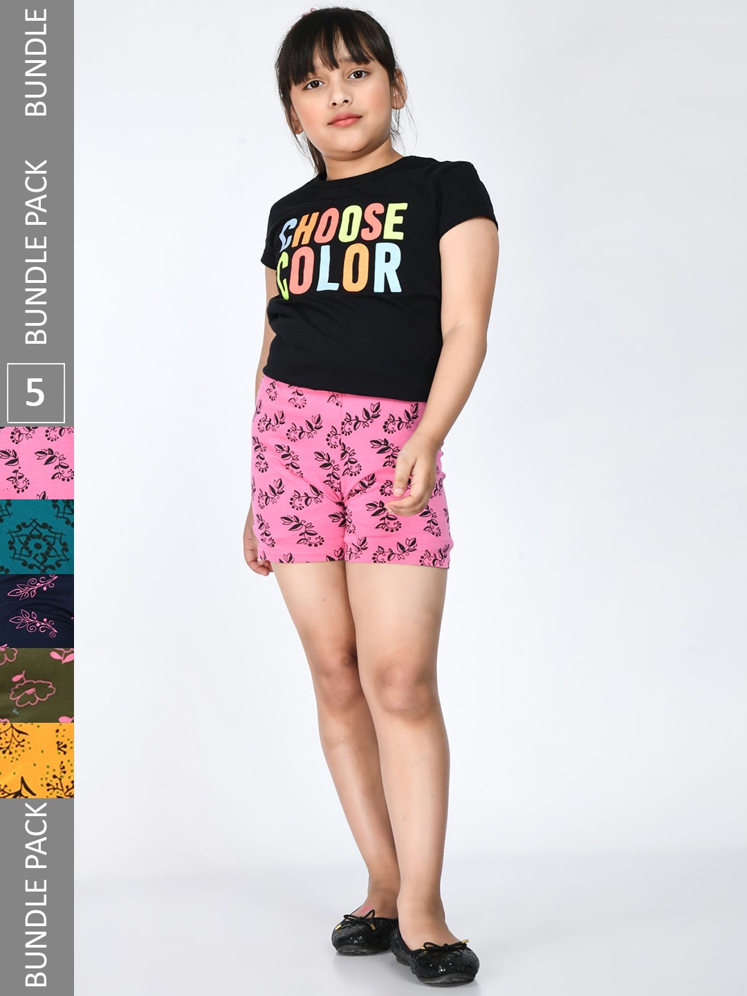 

IndiWeaves Girls Pack Of 5 Floral Printed Pure Cotton Shorts, Pink