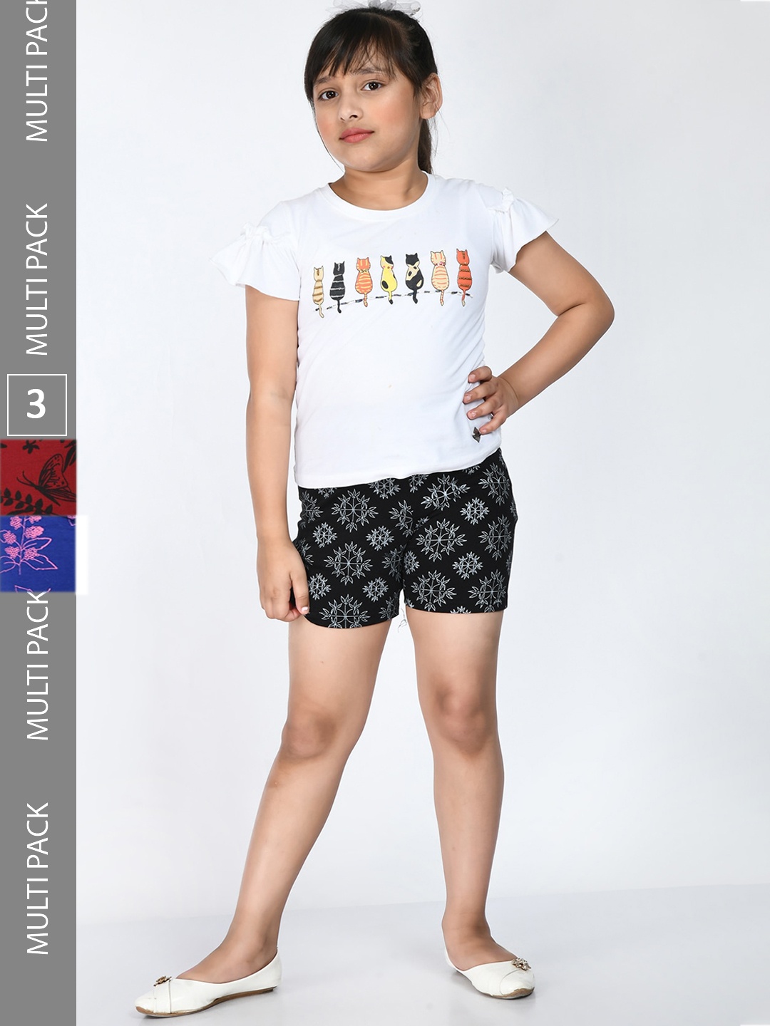 

IndiWeaves Girls Pack Of 3 Floral Printed Pure Cotton Shorts, Black