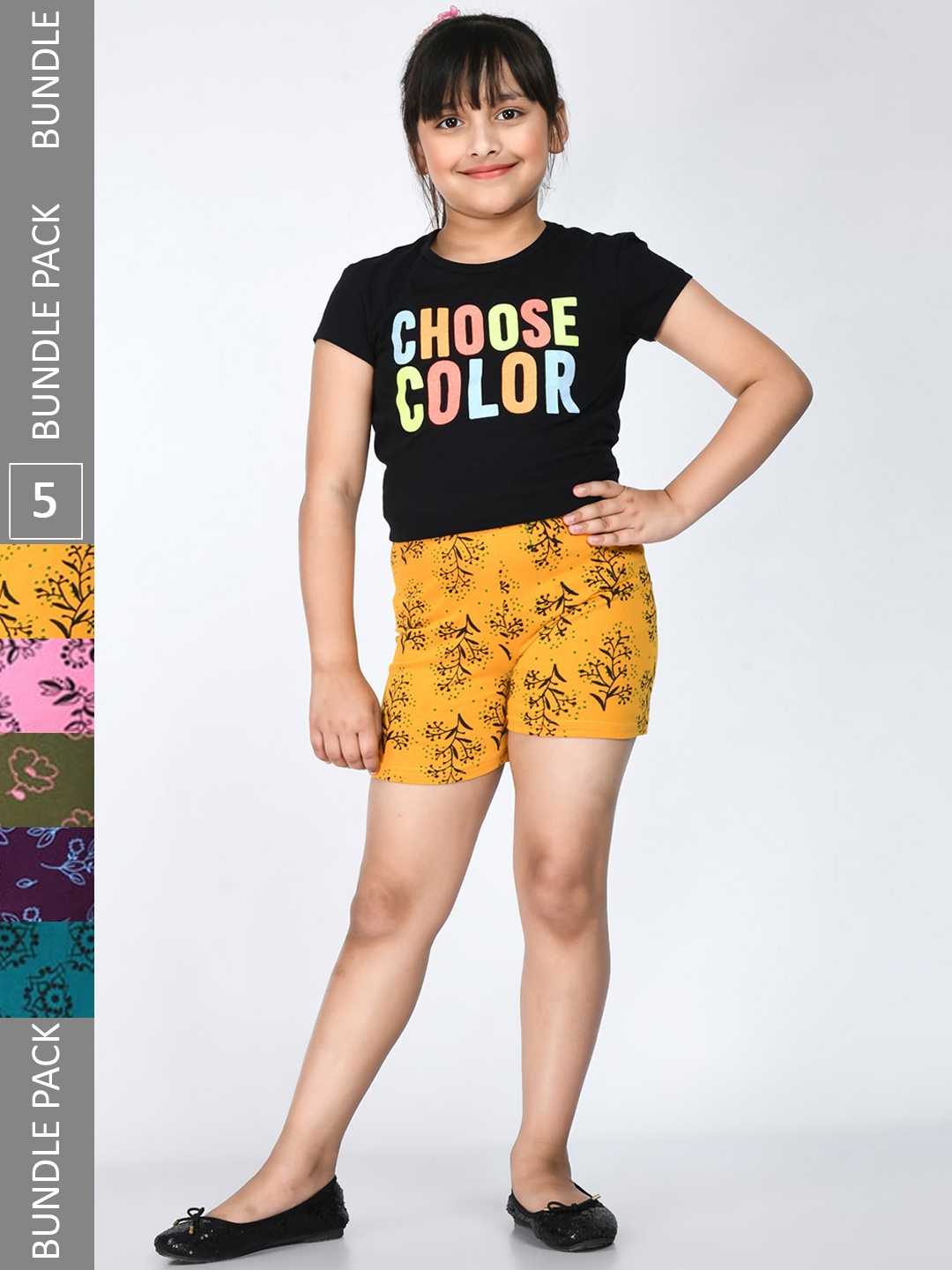 

IndiWeaves Girls Pack Of 5 Floral Printed Pure Cotton Shorts, Yellow