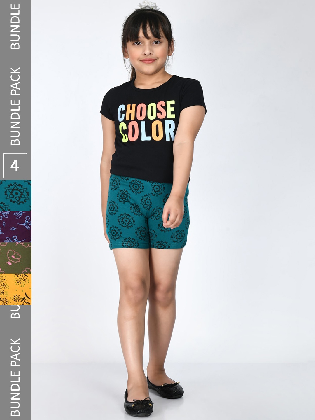 

IndiWeaves Girls Pack Of 4 Floral Printed Pure Cotton Shorts, Green