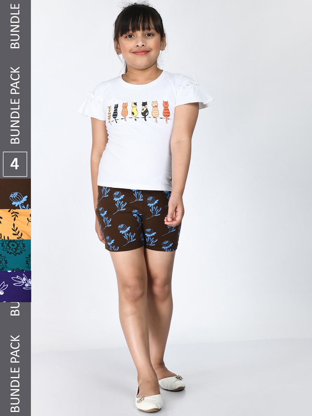 

IndiWeaves Girls Pack Of 4 Floral Printed Pure Cotton Shorts, Yellow