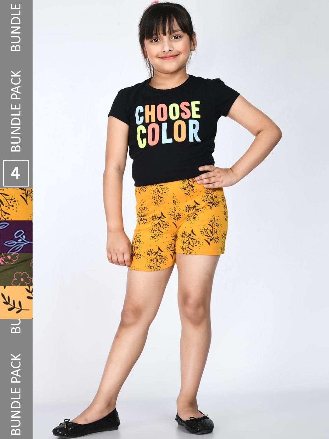 

IndiWeaves Girls Pack Of 4 Floral Printed Pure Cotton Shorts, Yellow