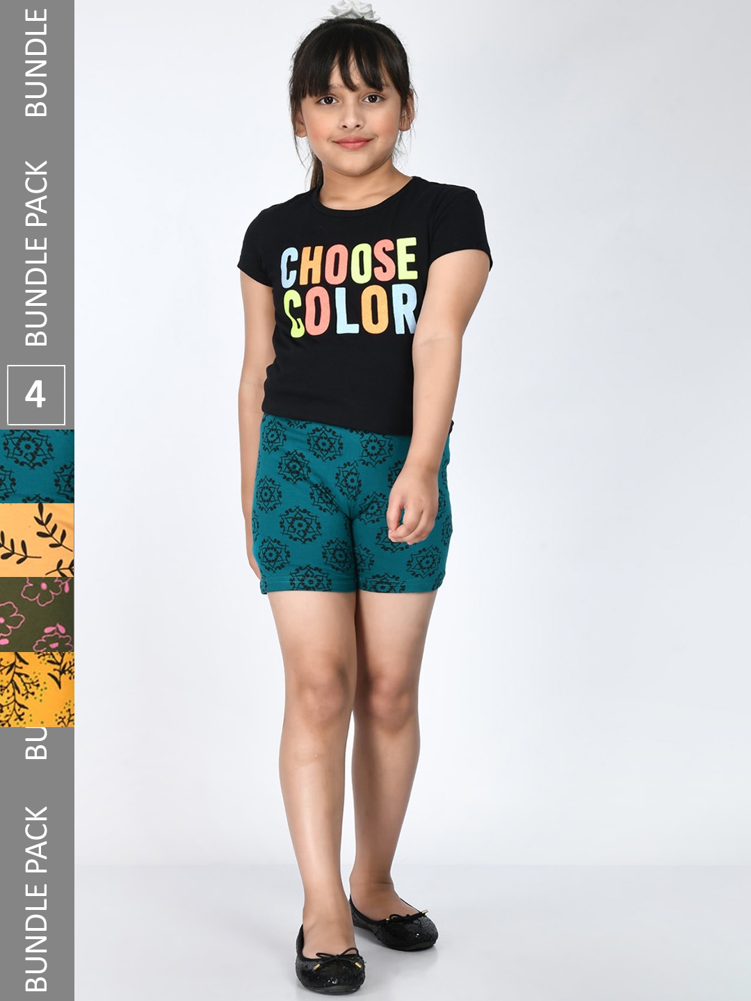 

IndiWeaves Girls Pack Of 4 Floral Printed Pure Cotton Shorts, Green