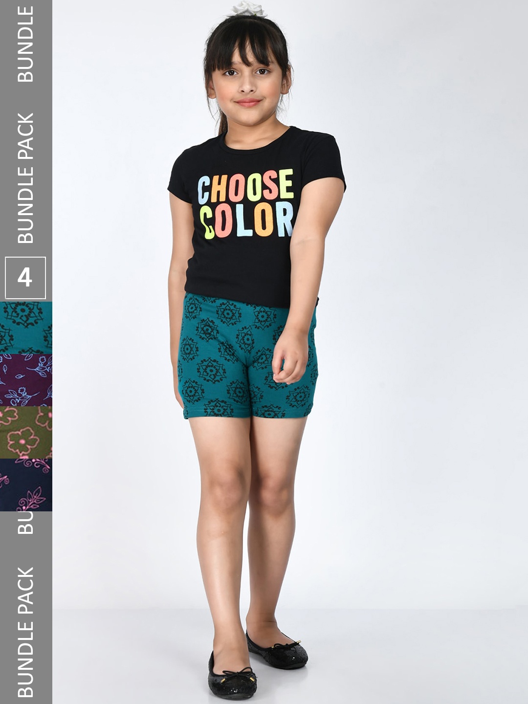 

IndiWeaves Girls Pack Of 4 Floral Printed Pure Cotton Shorts, Teal